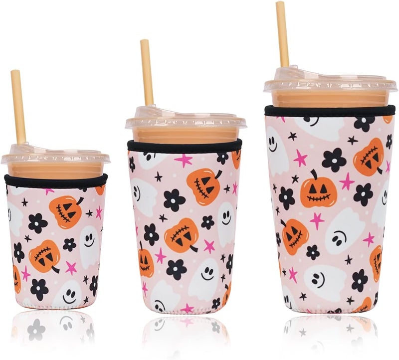 Haevola Reusable Insulated Neoprene Iced Coffee Cup Sleeve, Durable Drink Sleeve for Cold Beverages, Beverage Holder for Iced Coffee, Hello Pumpkin - Image 1